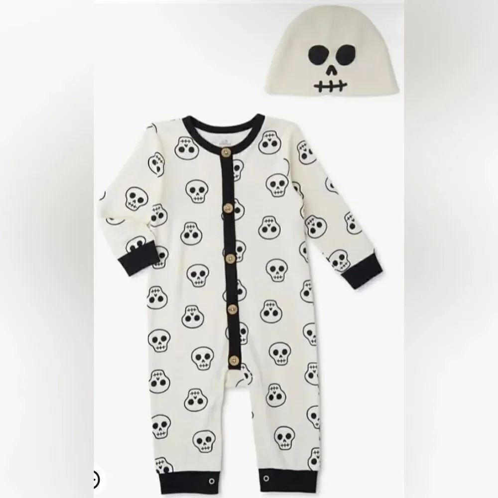 Way To Celebrate Halloween Pajamas Sz 6/9 Month Skulls Sleeper Romper Skeleton